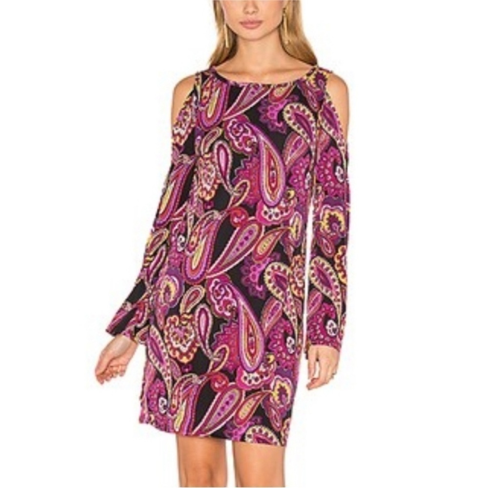 ⚡️10$ sale⚡️ Trina Turk Deon Paisley Bell Sleeve Cold Shoulder Mini Dress Size M